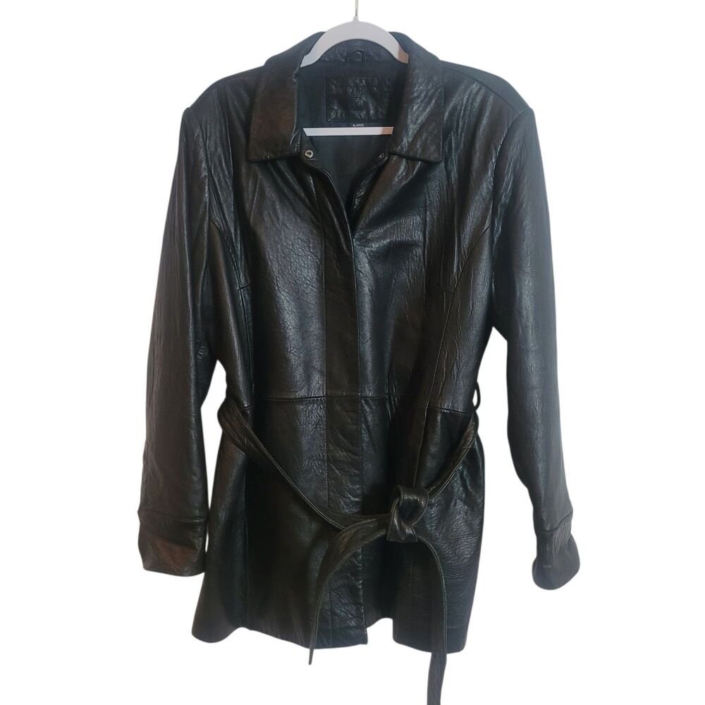 Kathy Ireland Vintage Belted Black Leather Jacket‎ Classic 90's Women's Size XL